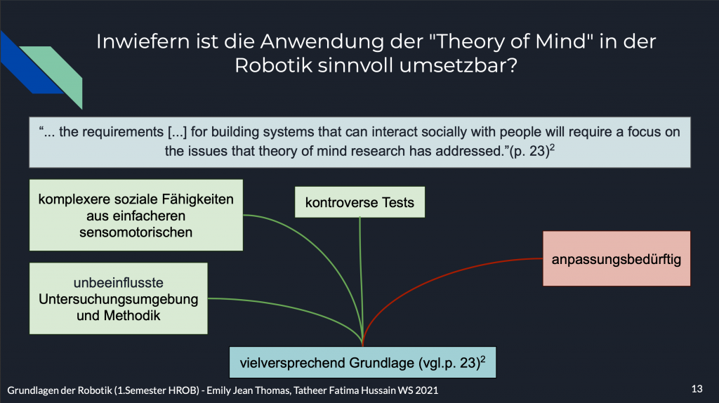 Beantwortung der Leitfrage "Inwiefern ist die Anwendung der 'Theory of Mind' in der Robotik sinnvoll umsetzbar?"